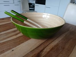 Handcrafted Bamboo Salad Bowl with Serving Set - Green