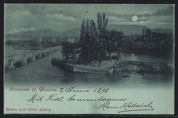 Cartoline postali: Mondschein-AK Genève, Panorama, 1898 – Usato da Berlin venduto da bartko-reher