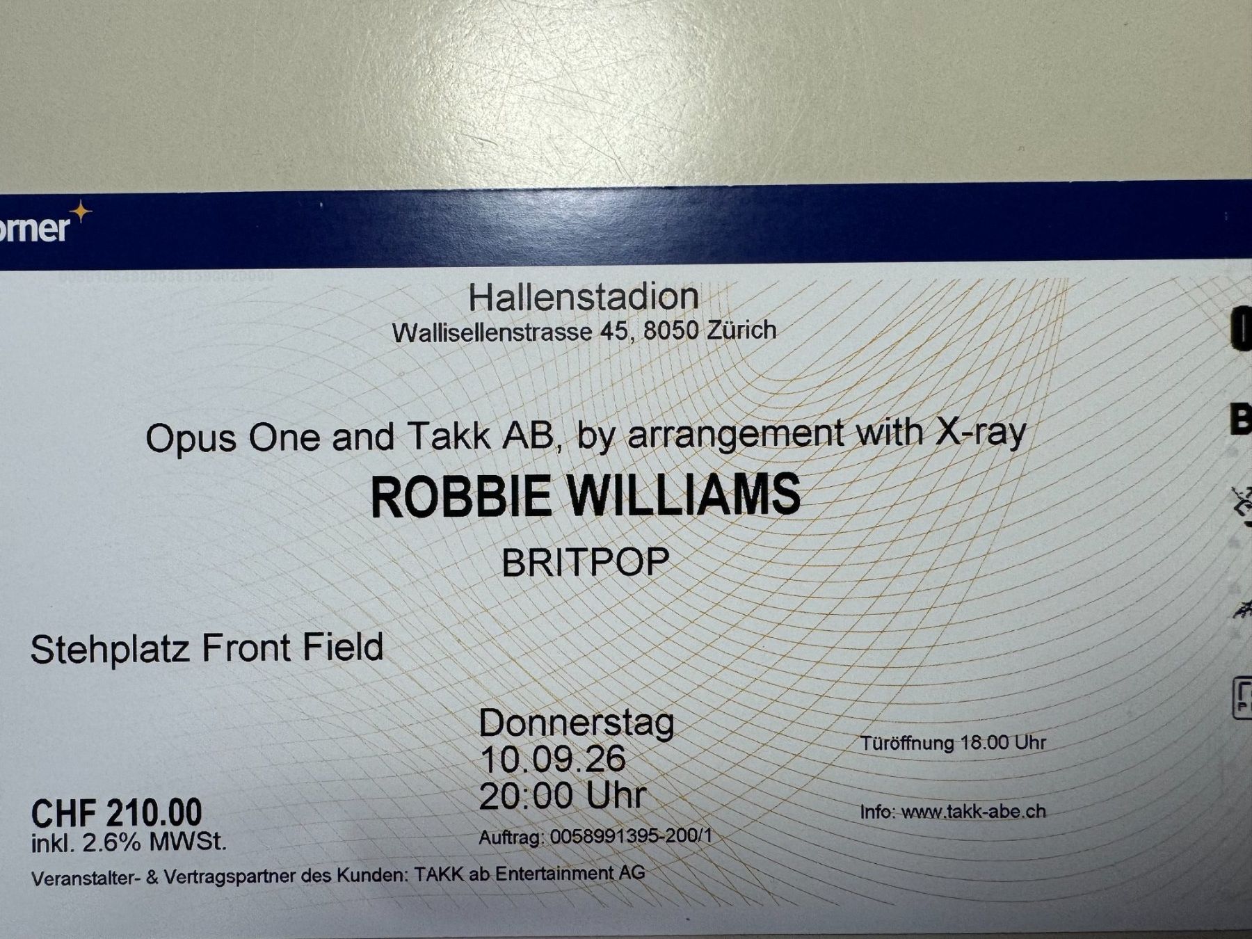 Biglietti: Front Ticket Robbie Williams Zürich – Nuovo (secondo la descrizione) da Langenthal venduto da alf_28bg