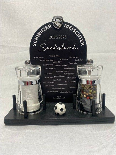 Set di piatti: FC Thun Salz + Pfeffer Set "Schweizer Meister 2025/2026" – Nuovo e nell'imballaggio originale da Bösingen venduto da Pesi6