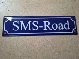 Emailleschild SMS-Road blau weiss guter Zustand