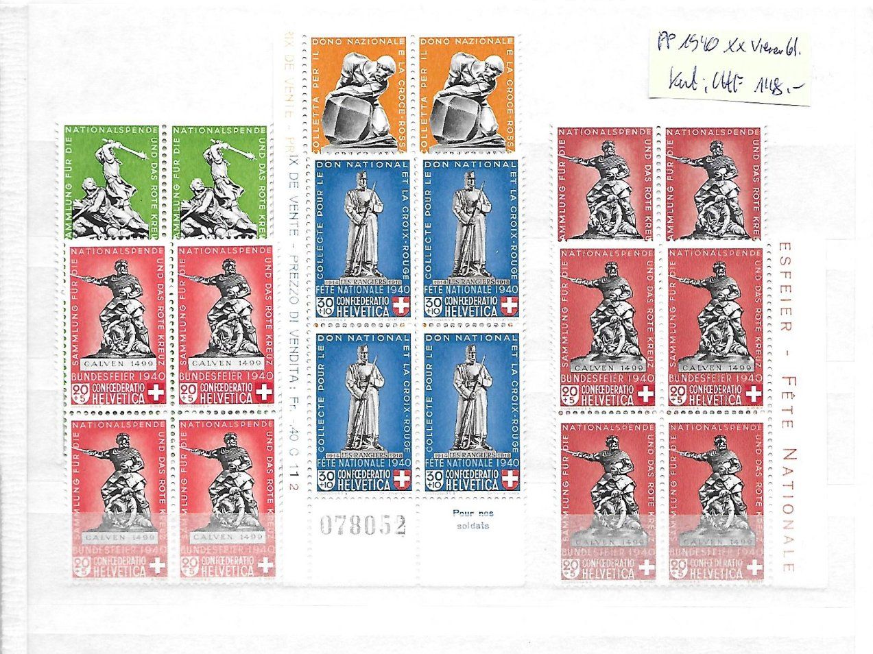 Tous les timbres: PP 1940 ** Viererbl. Kat: CHF 148.- – Neuf (Voir description) à Basel par Ilp