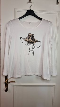 Weisses Langarmshirt Damen Gr. 46 stylisch Hut Print