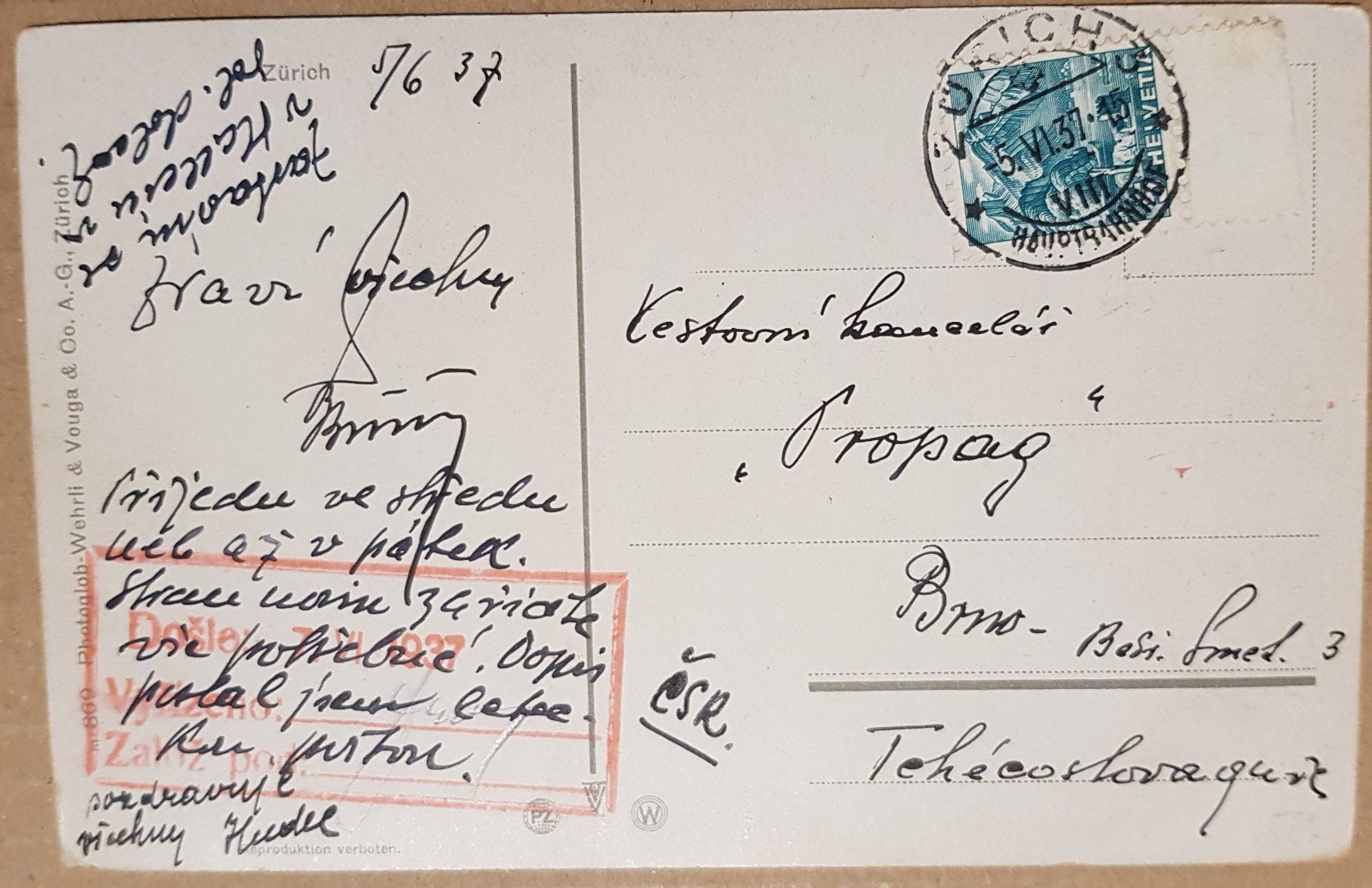 Ansichtskarten: Zürich 1937 nach Brno – Gebraucht aus Melchnau von Fishel 1