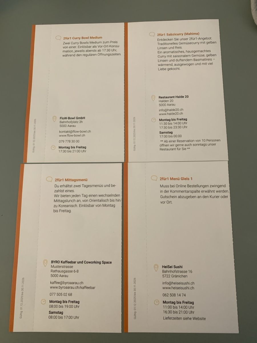 Buoni: 4x 2für1 Gutscheine Restaurants Aarau – Nuovo e nell'imballaggio originale da Attelwil venduto da TaraLee 1