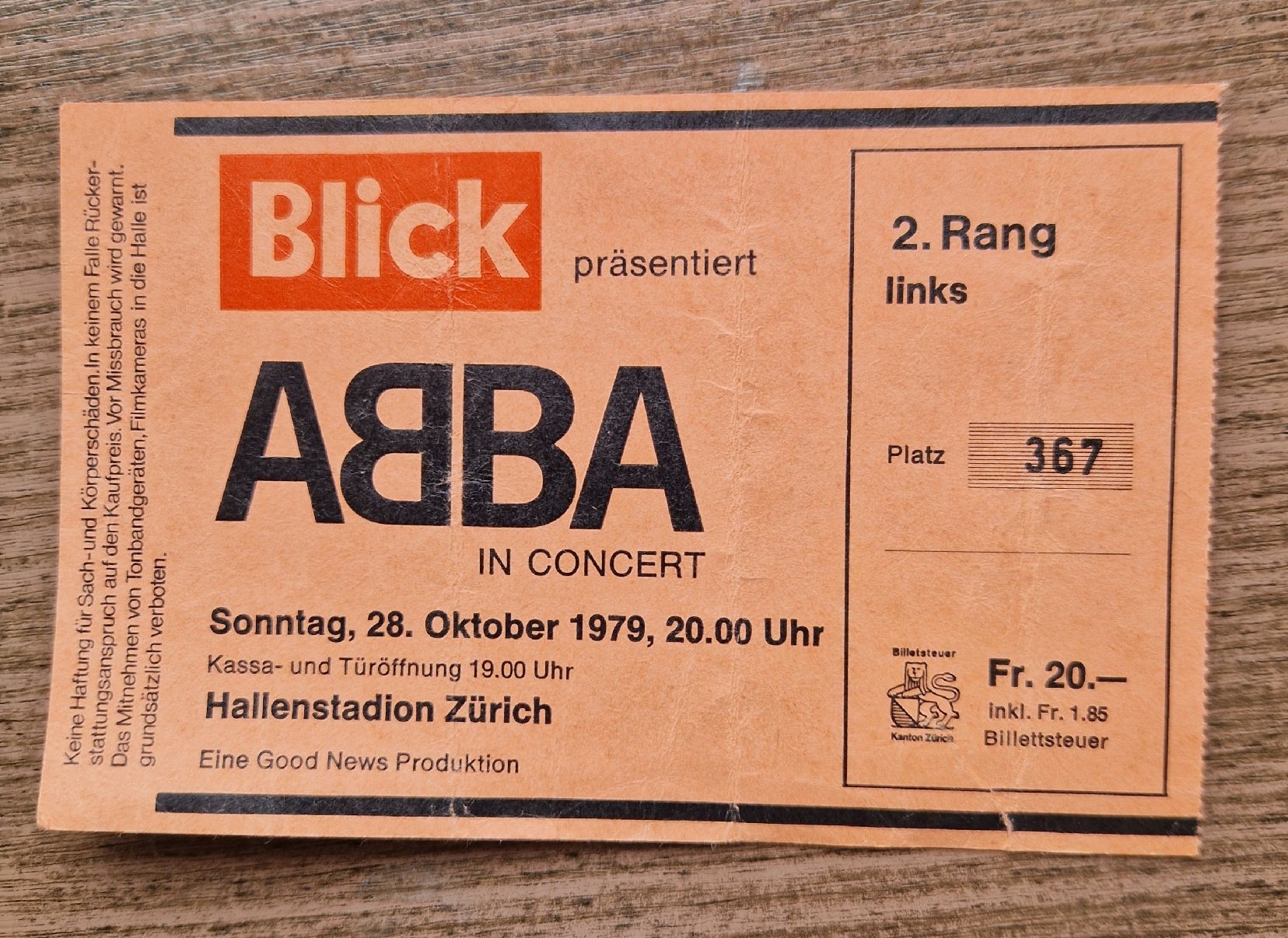 Billets: Original ABBA Ticket von 1979 – Défectueux à Zürich par Aceofbase