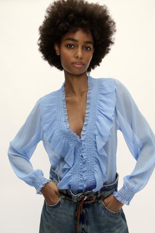 Zara Bluse Volant himmelblau luftig (40) NEU (Neu und