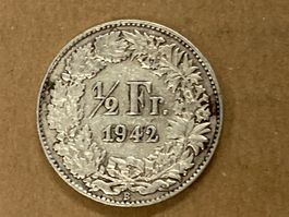 SVIZZERA 1/2  FR MONETA IN ARGENTO 1942 usata - circolata