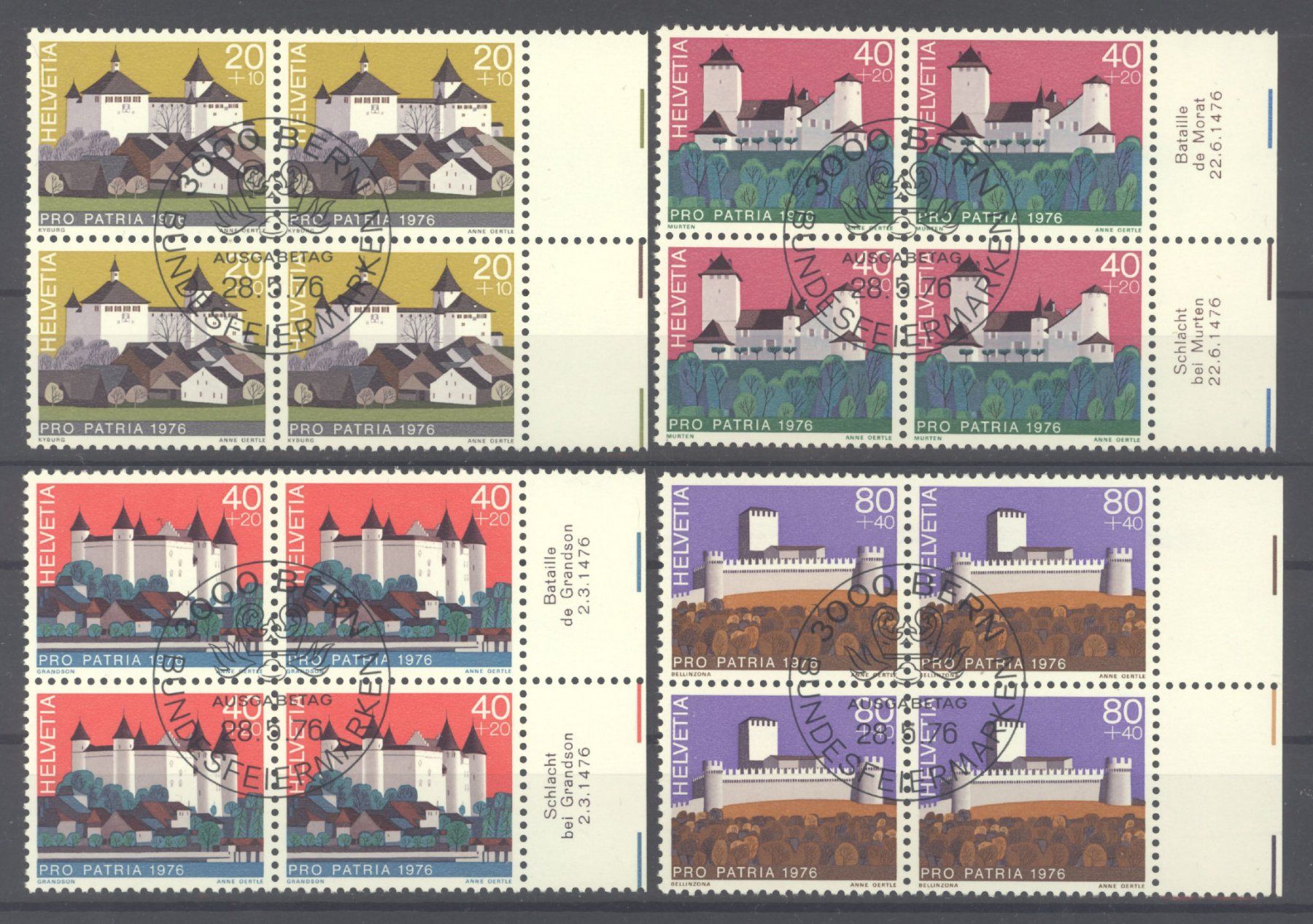 Alle Briefmarken: 1976, Pro Patria, Viererblöcke, ET – Gebraucht aus Willisau von Vollstempel