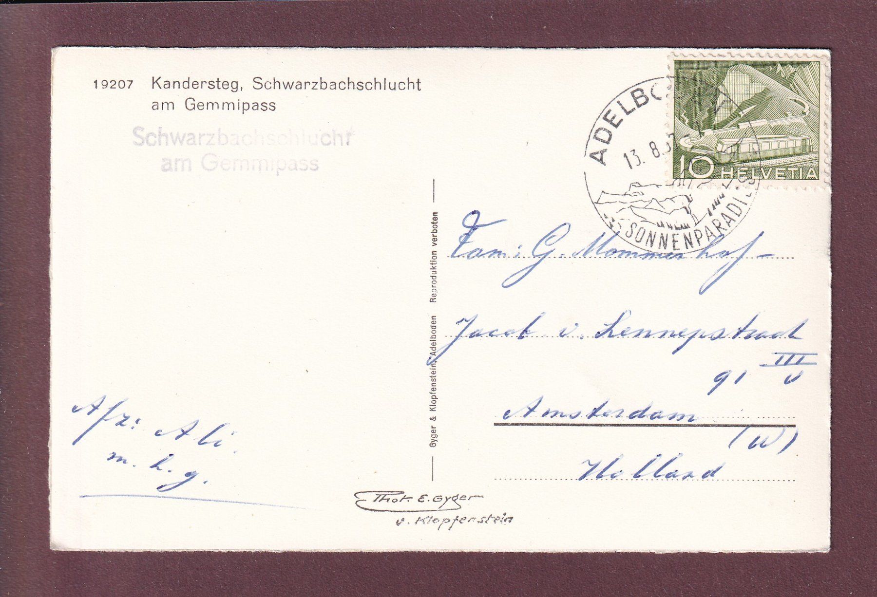 Ansichtskarten: Kandersteg - SCHWARZBACHSCHLUCHT - 1957 – Gebraucht aus Pully von nicecards 1