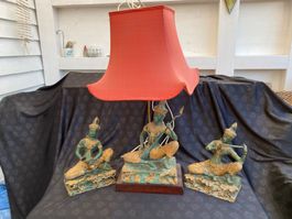 Asiatische Buddha-Lampe mit zwei Buddhas, Bronzeguss