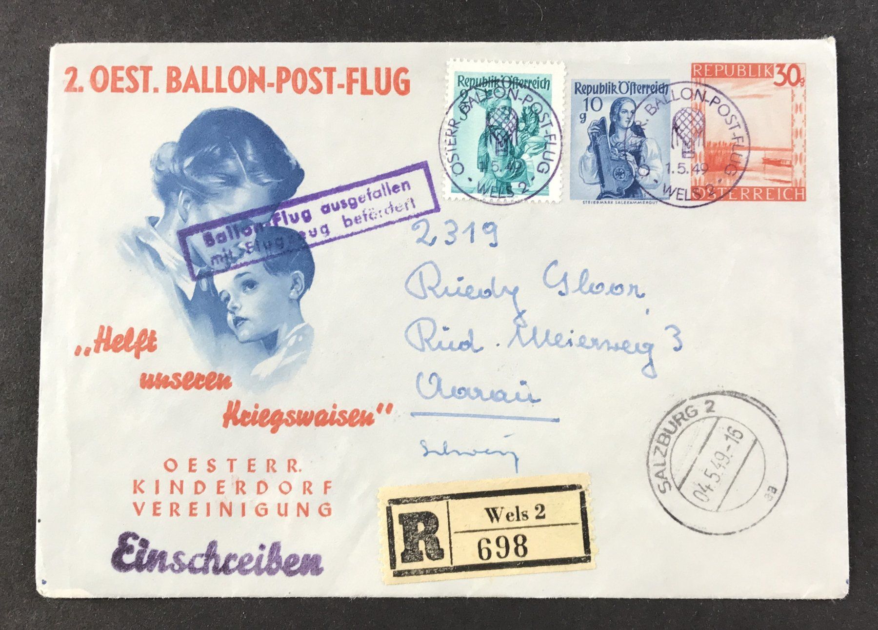 Tutti i francobolli: ANTIKER BRIEFUMSCHLAG 2.OEST.BALLON-POST-FLUG 1949 – Usato da Ostermundigen venduto da Kari1937
