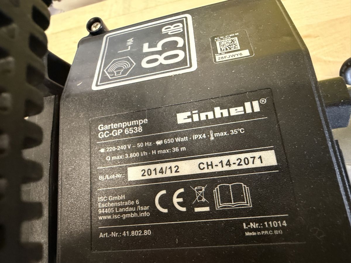Einhell Pompes et pièces: Gartenpumpe Einhell GC-GP 6538 Neuwertig – Neuf (Voir description) à Strengelbach par RaenAntikDesign 2