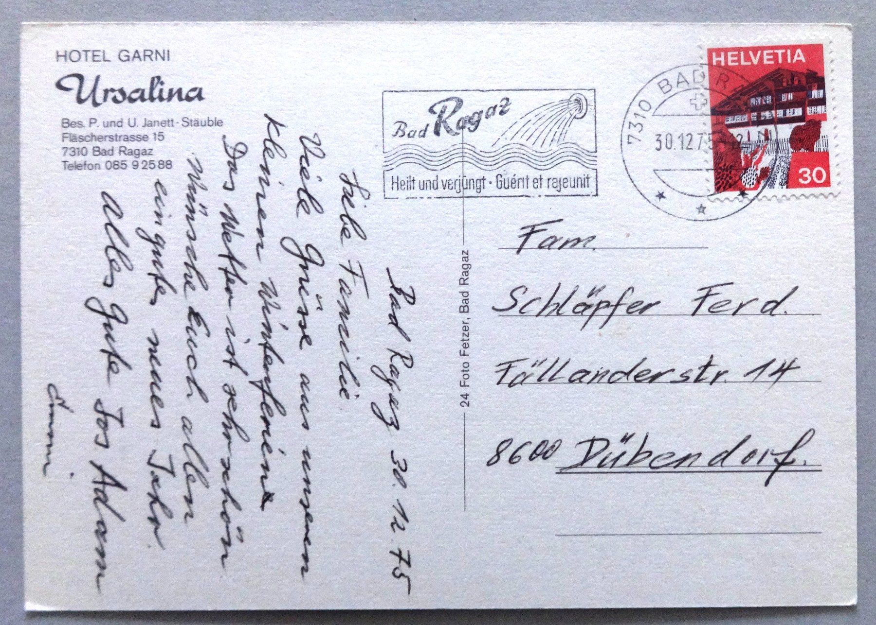 Cartoline postali: Hotel Garni Ursalina, Bad Ragaz – Usato da Fétigny venduto da Billy2miny 1