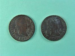 Zwei 4 Maravedis-Münzen Spanien, Ferdinand VII, 1830 + 1831