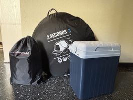 Tente Quechua 2 Seconds 3, matelas gonflable et glacière