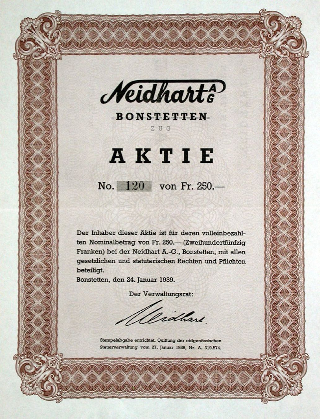 Dokumente: Neidhart AG, Bonstetten - 1939 – Gebraucht aus Solothurn von Sgasche