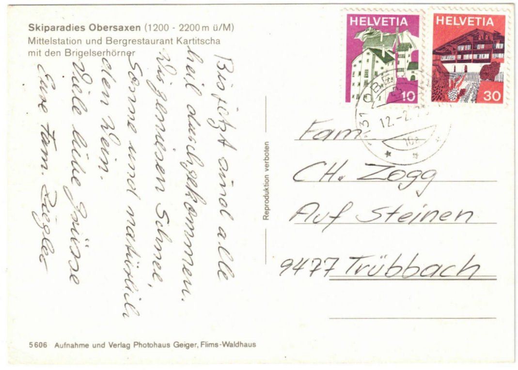 Cartoline postali: Obersaxen - Sessellift Kartitscha--Stein – Usato da Binningen venduto da Mountainrider 1