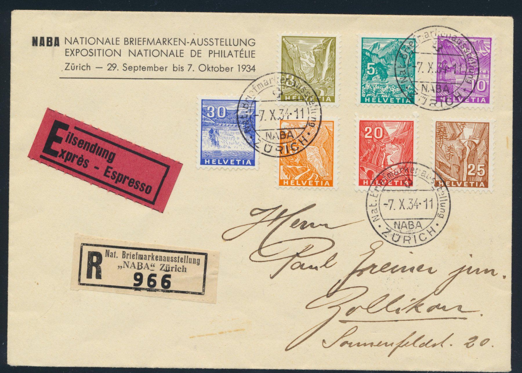 Tutti i francobolli: Freimarken 194-200 überfrankierter Express-Einschreibebrief – Usato da Roggwil BE venduto da Stampdealer3