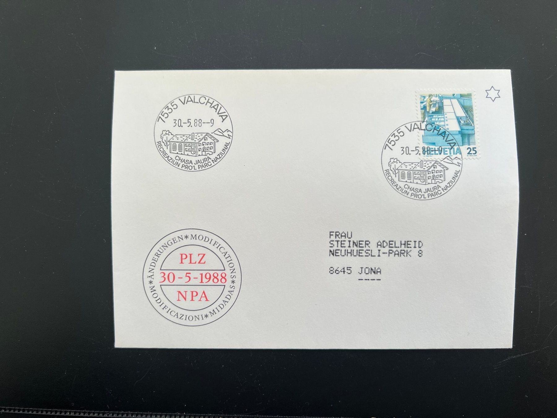 Alle Briefmarken: Valchava Erstagbrief-Werbe-Stempel  (M883) – Gebraucht aus Hinwil von Sidi4