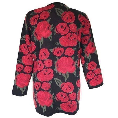 Jacke lang Wolle Strick rot schwarz L/XL Rosen VINTAGE 1980s