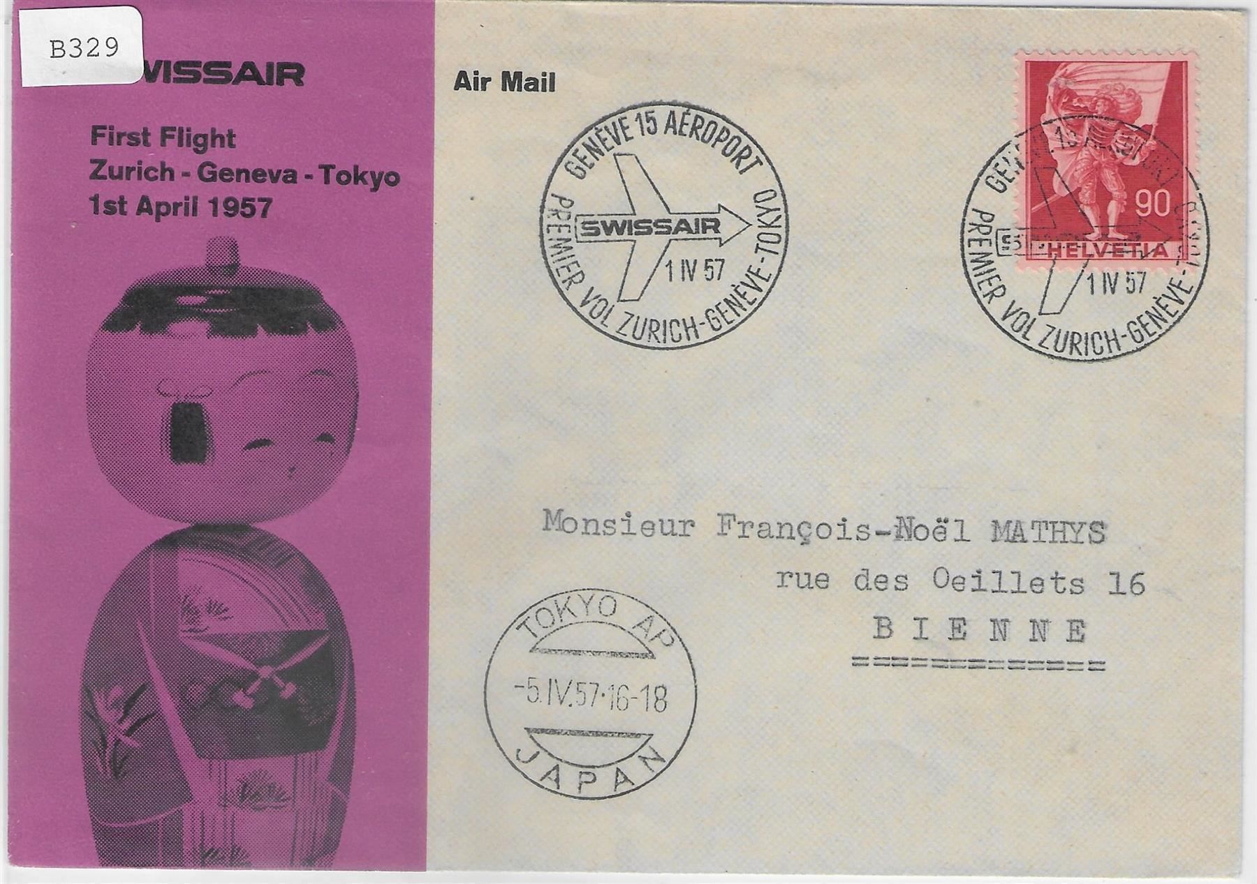 Alle Briefmarken: First Flight Geneve-Tokyo 1.IV.1957 – Antik aus Ettingen von Kartenplanet
