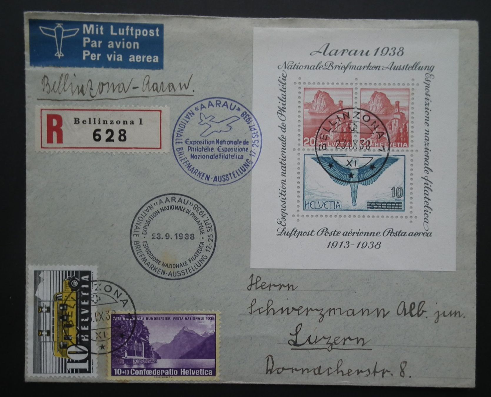 Tutti i francobolli: Flugpost 1938 Bellinzona - Aarau,  mit Aarauer Block – Usato da Kriens venduto da WULLU99