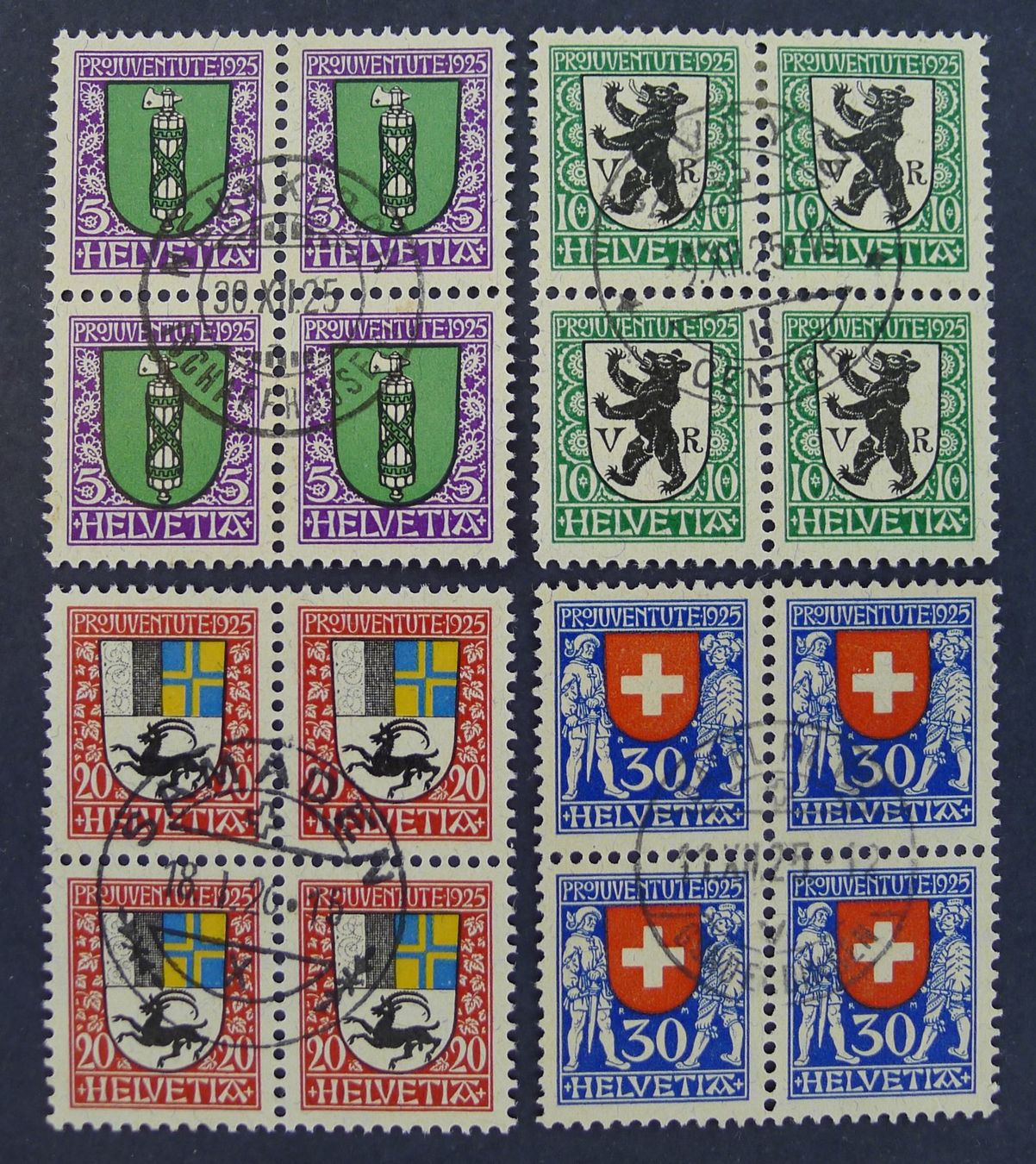 Alle Briefmarken: PJ 1925 Viererblöcke mit Zentrumstempel, Kat: 180.-+ – Gebraucht aus Ebikon von SilvioFreund