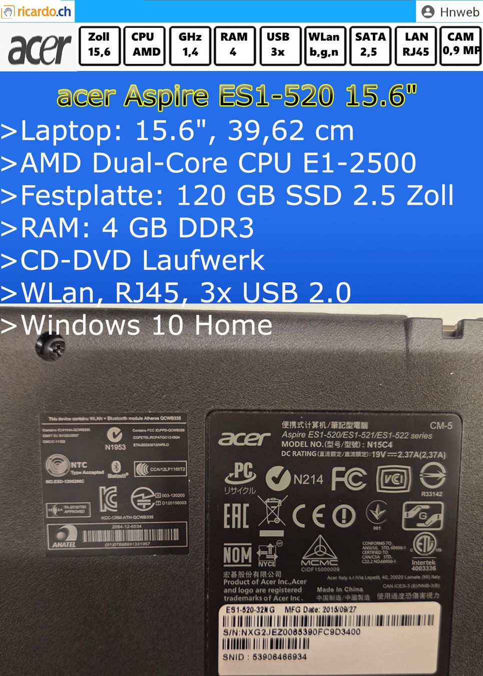 Acer Notebook: acer-Aspire-ES1-520-32NG, 15.6" – Usato da Kaisten venduto da Hnweb 3