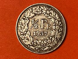 50 Rappen oder 1/2 Fr.1937 B 2 ( Silber ) Auflage Nur 1 Mio