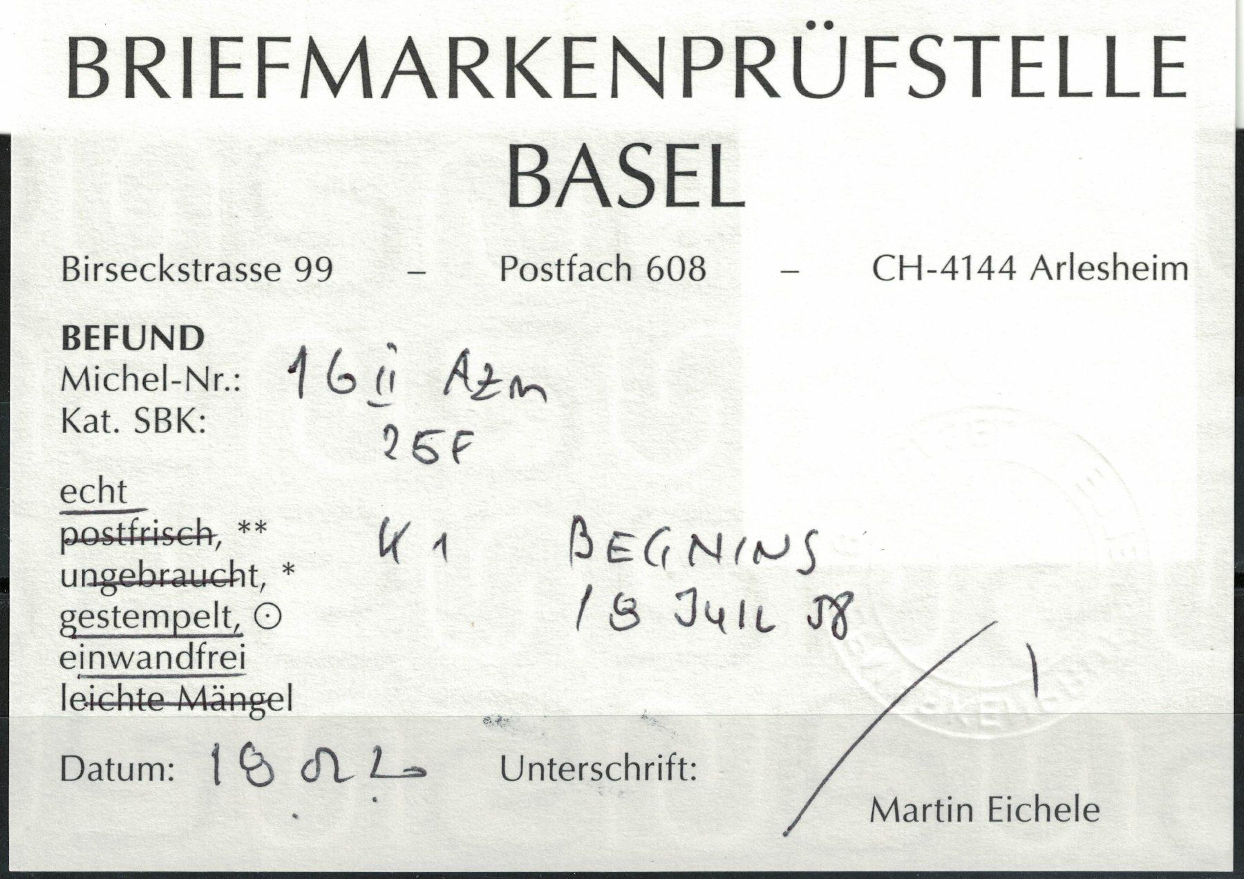 Alle Briefmarken: Strubel 25F gestempelt mit Befund – Gebraucht aus Bern von bae_958f 2