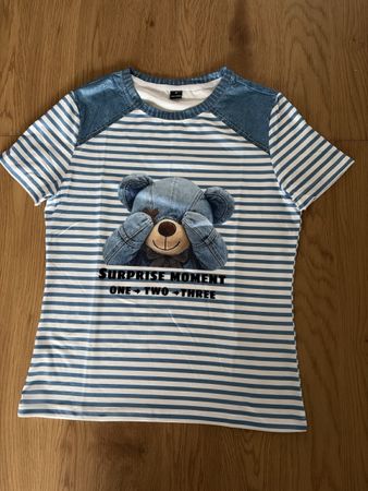 T-Shirt Streifen mit Bärenprint Jeans-Detail Gr. M