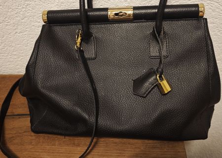 Handbag black genuine leather gold used excellent condition