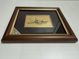 Tableau église, feuille d'or 23 carats, cadre bois