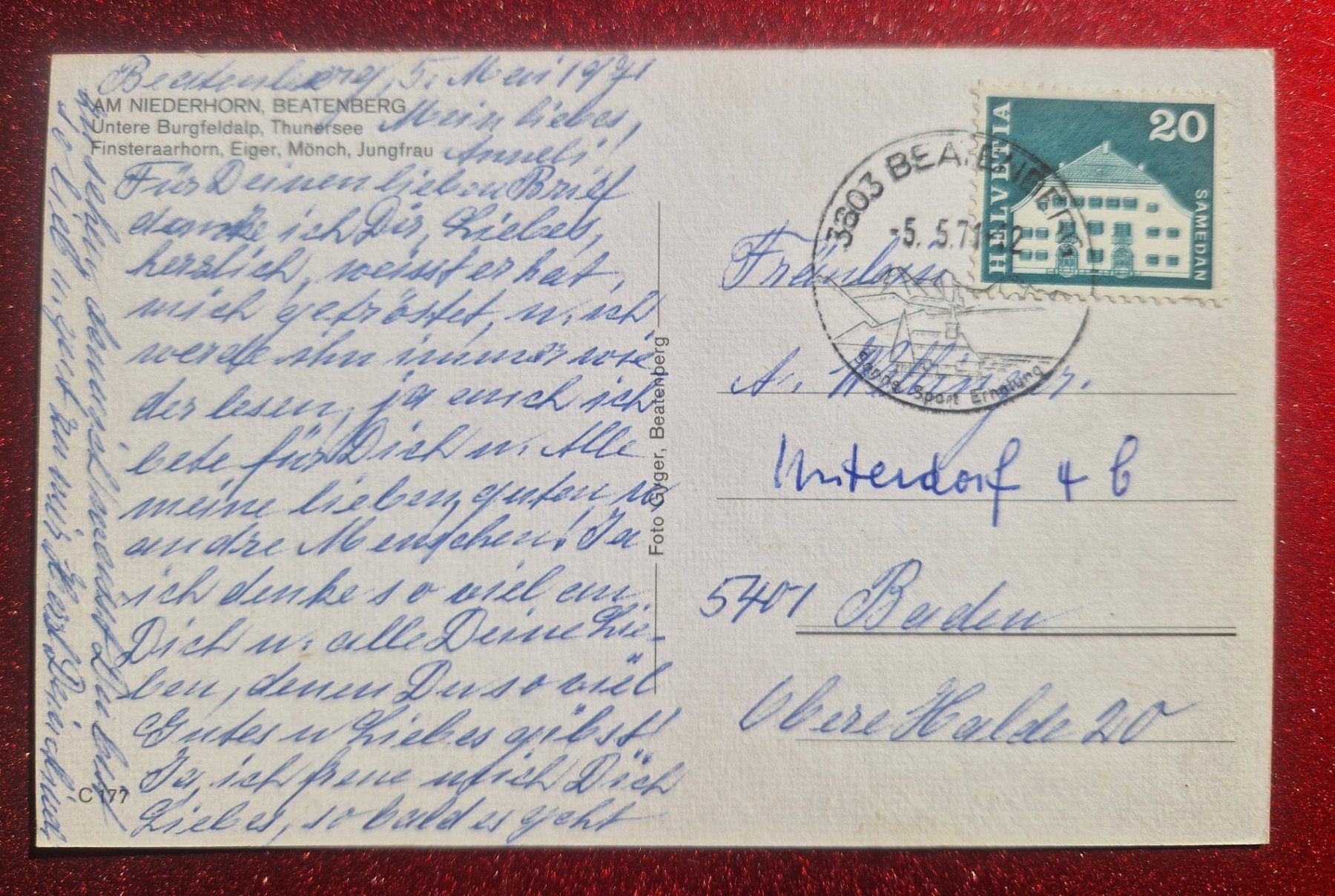 Ansichtskarten: Niederhorn, Beatenberg,Thunersee 1971 – Gebraucht aus Melchnau von Fishel 1