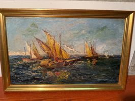 Huile sur toile voiliers en mer ancien tableau cadre doré