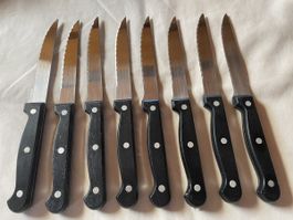 Set of 8 Steak Knives, Serrated Edge, Black Handle
