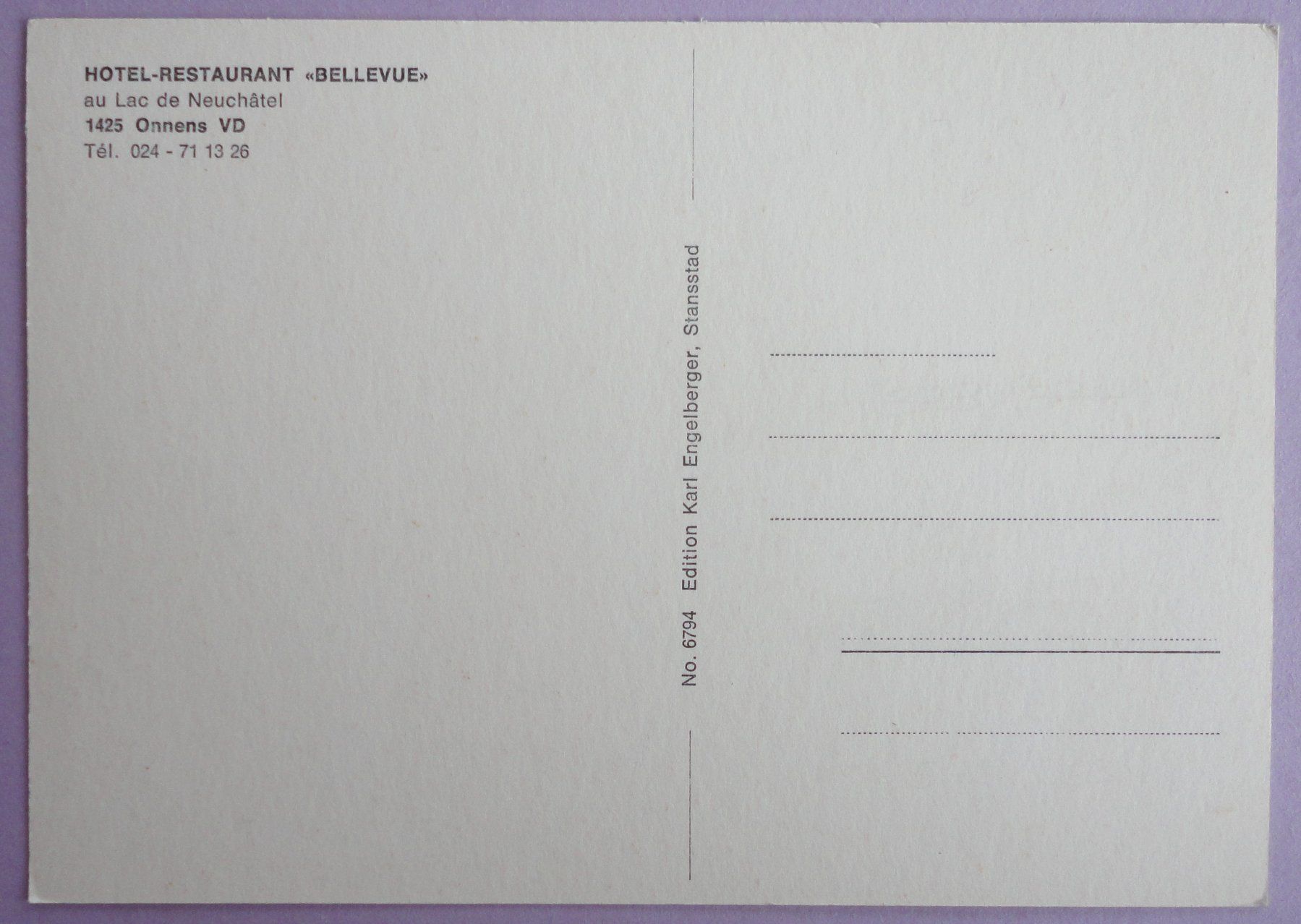 Cartoline postali: Hotel-Rest. "Bellevue", Onnens VD – Usato da Fétigny venduto da Billy2miny 1