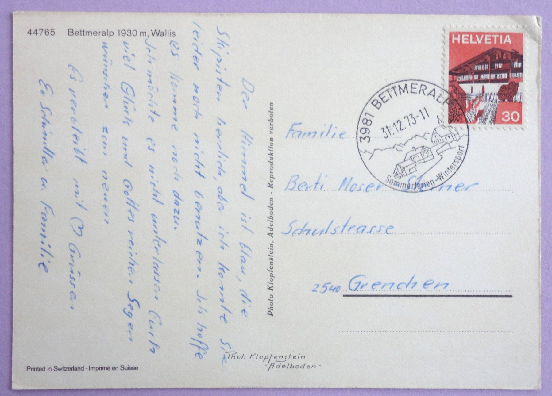 Ansichtskarten: Bettmeralp 1930 m – Gebraucht aus Fétigny von Billy2miny 1