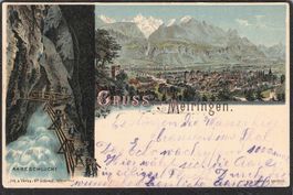 ^Künstlerkarte Gruss von Meiringen , Aare Schlucht gel. 1899
