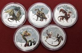 Drachen von Legende Serie 5x Silbermünzen 999 feinsilber