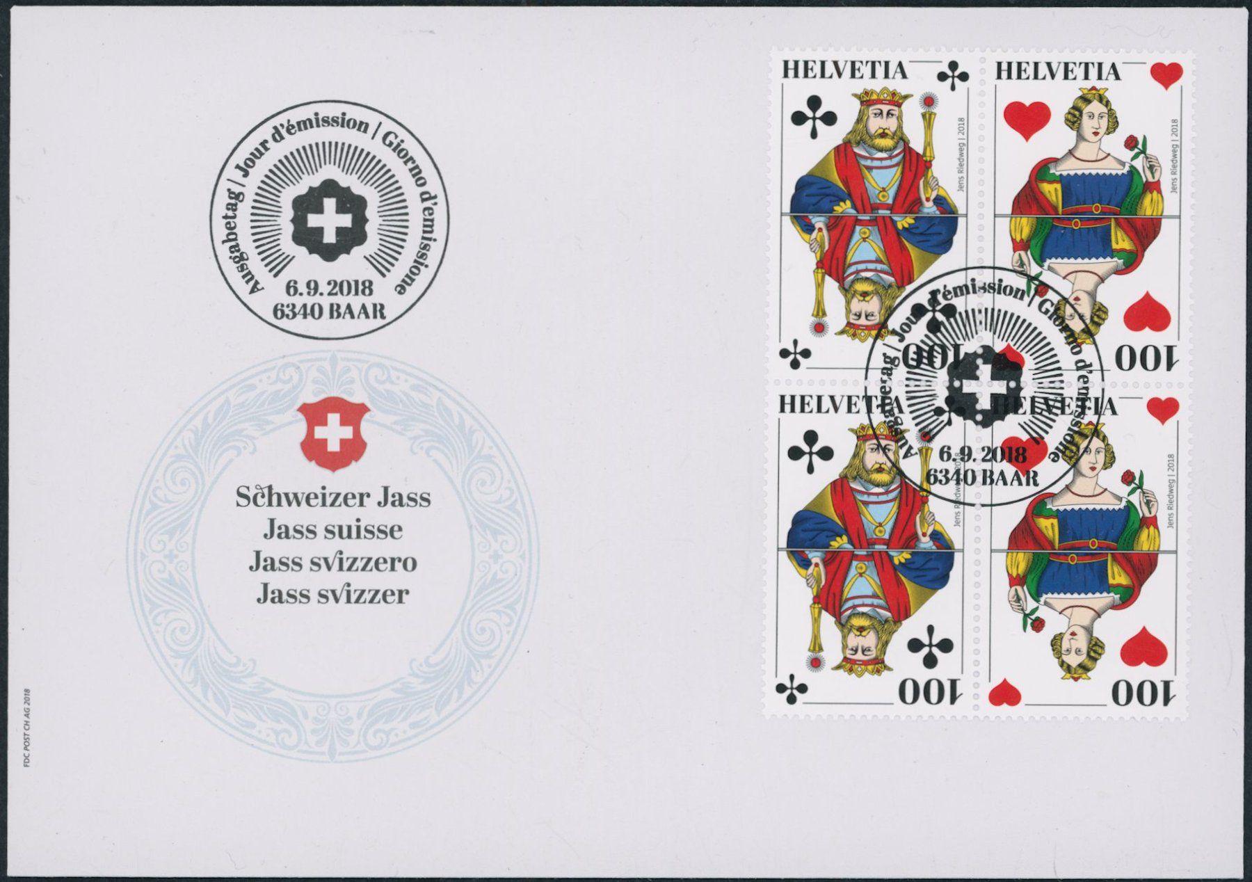 Tutti i francobolli: 2018 - Schweizer Jass - Viererblock - Zusammenhängende - FDC – Usato da Schindellegi venduto da leecollect