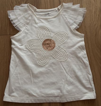 Weiss T-Shirt mit Blumen-Pailletten & Tüllärmel Gr. 116