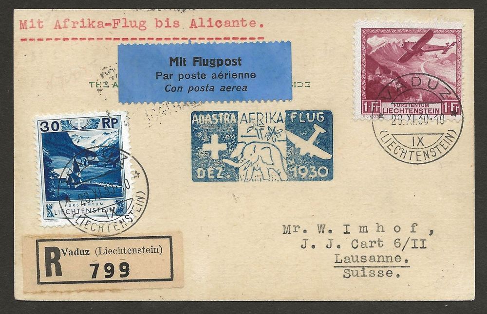 Flugpost Schweiz 1930 Zürich Cartagena Vaduz Luftpost Attest (Gebraucht ...