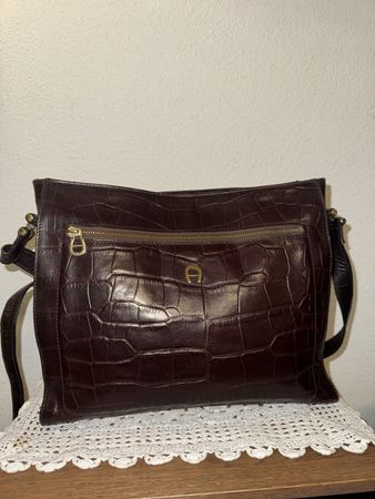 AIGNER Vintage Damen Schultertasche Leder Croco Braun