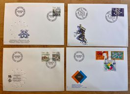 4x FDC 1985, 1986 Tierkreiszeichen, Sondermarken + Pro Sport