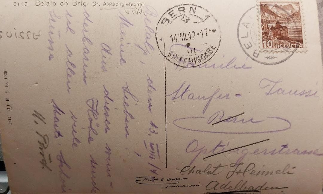 Cartoline postali: BELALP ob Brig - Gr. Aletschgletscher - 1942 – Usato da Delémont venduto da Domdom1 1