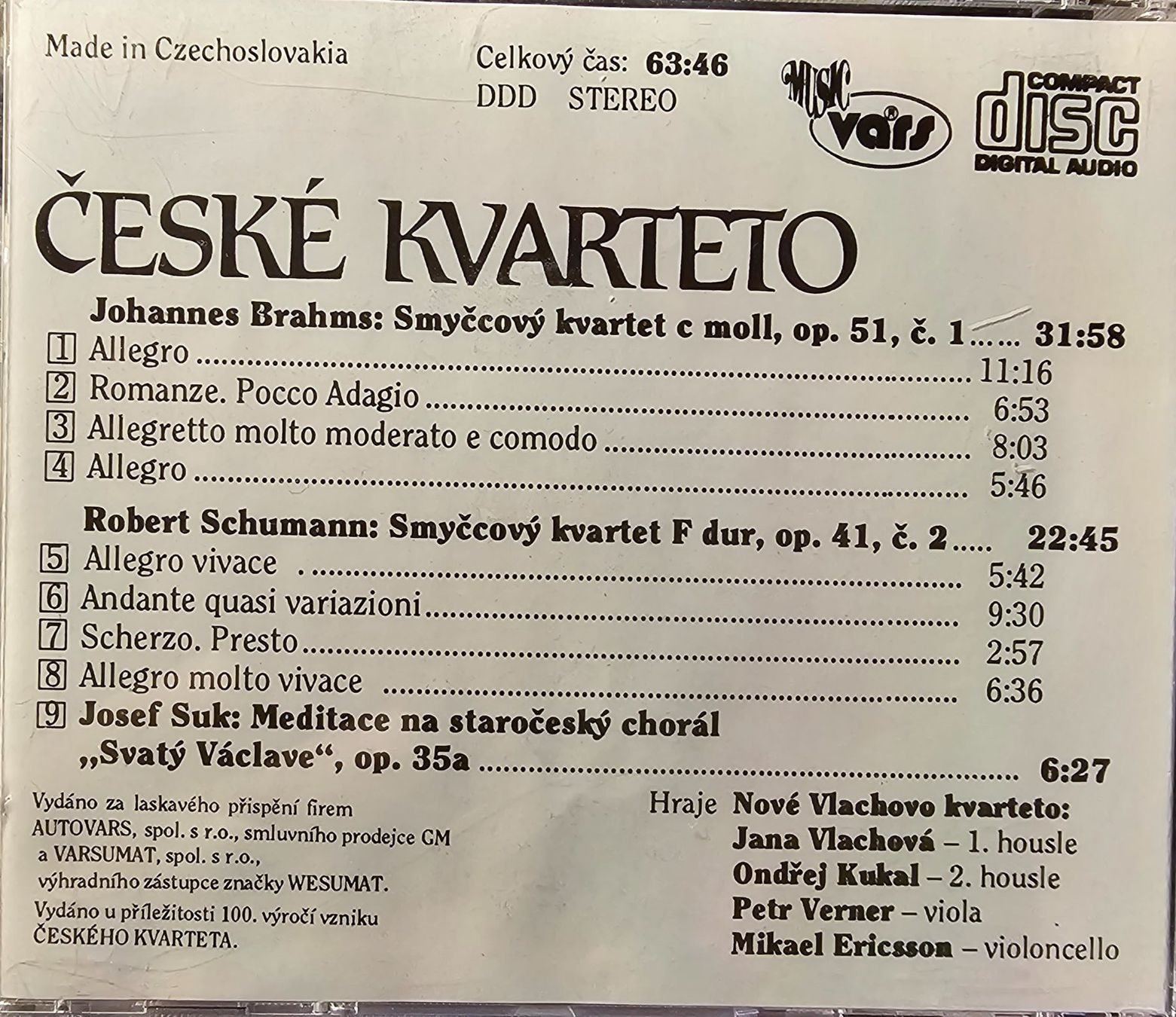 CDs: Ceske Kvarteto - Brahms / Schumann / Suk – D'occasion à Wahlen b. Laufen par Cg10 1