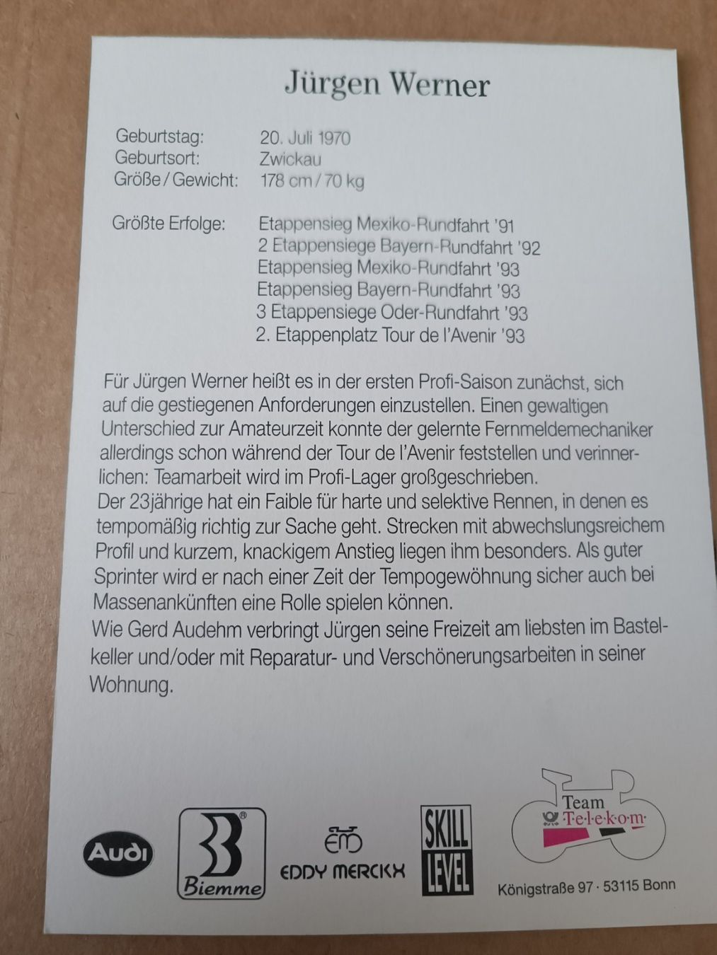 Autogramme: Jürgen Werner -  handsigniert - aus den 90er Jahren – Gebraucht aus Menziken von Autogramme 1