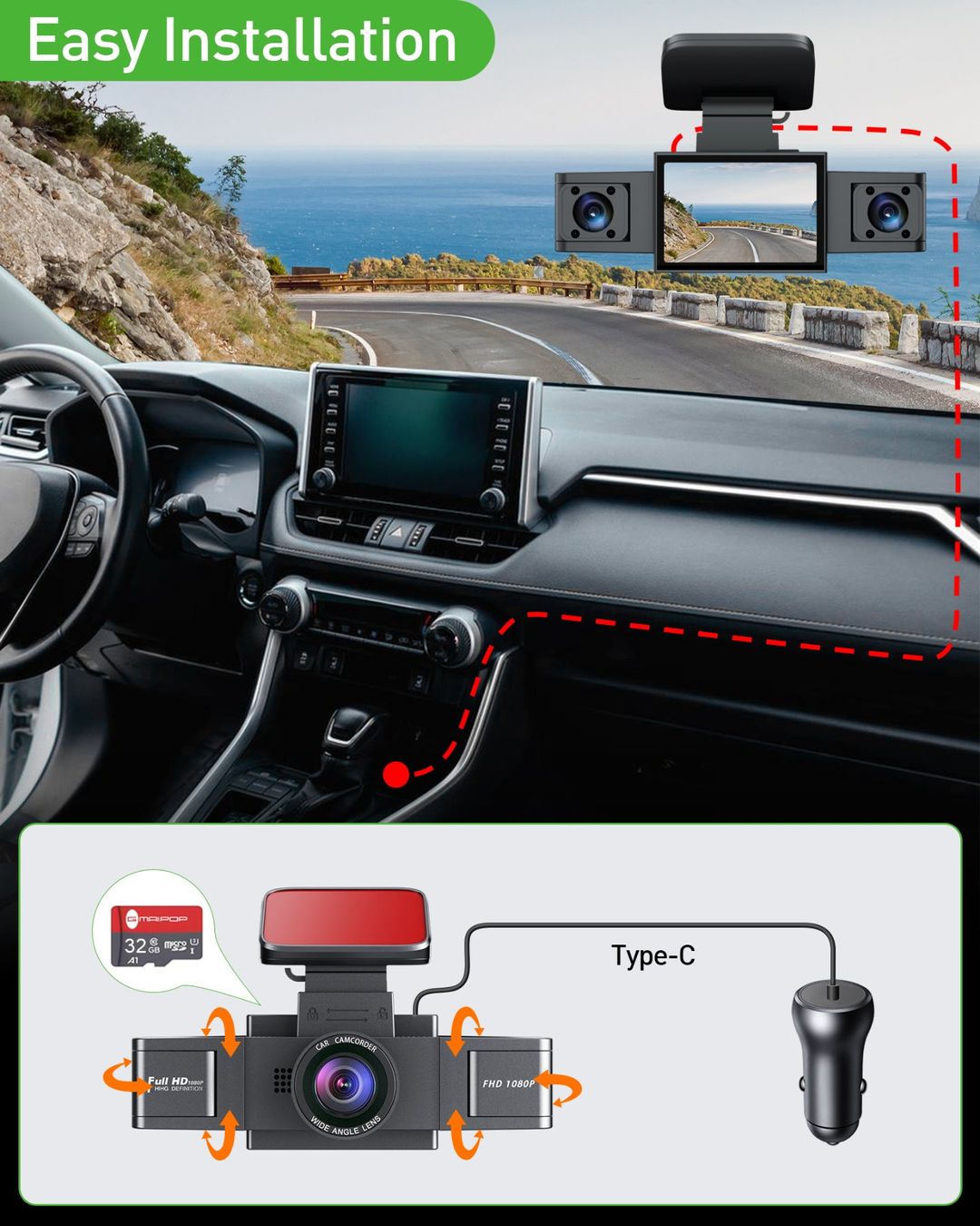 Action Cam: Dashcam-Videorecorder, Dreiobjektiv-Autokamera Parkmonitor – Neu und originalverpackt aus Genève von Top-Trend 3